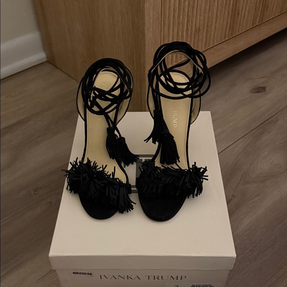 Ivanka Trump Black Fringe Lace-Up Heels